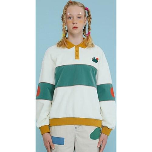 Winter Fall Design Casual Loose Women Flannel Pullover Sweatshirts Turn Down Collar Warm Hoody Jumper Tops Cartoon Patch