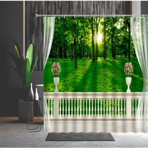 Bathroom Curtains Green Forest Flower Roman column 3D Printing Machine Washable Bathtub Decoration Shower Curtain Set With Hooks