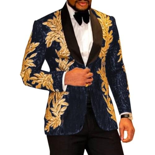 SOLOVEDRESS Mens Suit 2 Pieces Navy Slim Shiny Glitter Gold Applique Prom Dress Jacket Party Suits Set (Blazer + Pants)