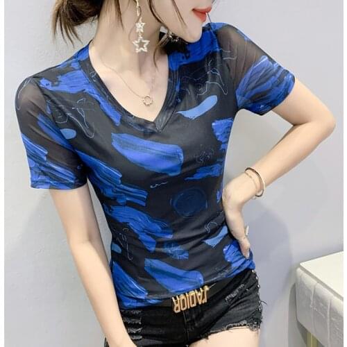 Summer T Shirt Women Short Sleeve Mesh Tops Female Streetwear Fashion Print V-neck Stretch T-Shirts Korean Skinny Bottoming Tees
