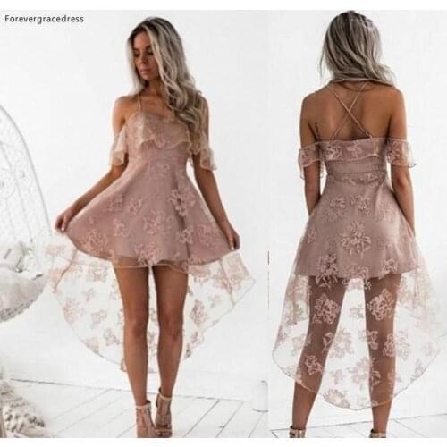 Pale Pink Short Prom Dress Vintage High Low Lace Juniors Sweet 15 Graduation Cocktail Party Dress Plus Size Custom Made