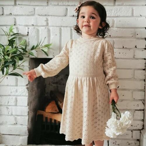 Girls Knitted Woolen Dress 2020 New Style Autumn Spring Girls Dresses Childrens Hollow-Out Long-Sleeved Dress
