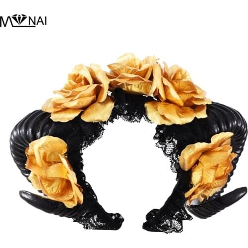 Restyle Womens Forest Fairy Queen Headband Accessory Goth Headband Rose Flowers Horn Headpiece Handmade Steampunk