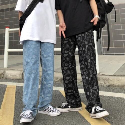 Womens Jeans 2021 New Fashion Men And Women Couple Streetwear Embroidery High Waist Wide-Leg Pants Loose Straight Trousers