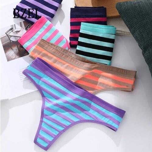 BZEL Womens Cotton Panties Striped Thong Women G-String Thong Girls Briefs Sexy Female Lingerie Low Waist Underwear Thongs 1PCS