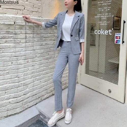 Summer Spring Office Lady Work Wear Two Piece Set Women Single Button Jackets Notched Collar Blazer + Pants Suit Sets Outfits