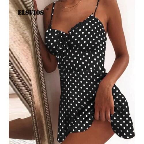 Women 2020 Summer Off Shoulder Polka Dot Print Mini Dress Elegant Tie Front V Neck Party Dress Sleeveless Spaghetti Strap Dress