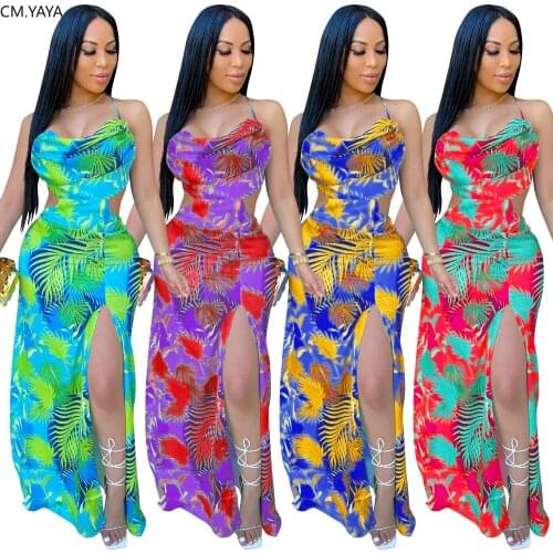 CM.YAYA Women Leaf Print Halter Neck Open Back High Split Maxi Dress Sexy Party Club Bandage Floor Length Long Dresses Vestidos