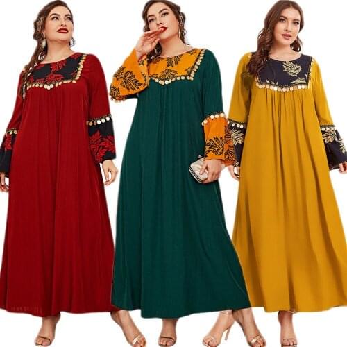 Muslim Women Sequins Abaya Luxury Vintage Ethnic Maxi Robe Gown Loose Laftan Arab Islamic Turkish Ramadan Middle East Plus Size