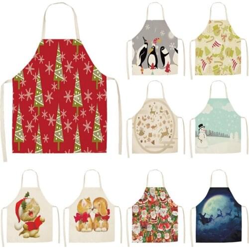 1pc Christmas Linen Apron Santa Claus Pinafores Cotton Linen Aprons 53*65cm Woman Adult Bibs for Home Kitchen Cooking Baking