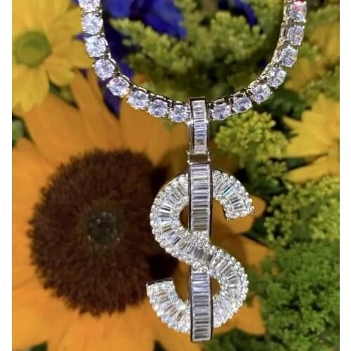 2021 Iced Out Bling Women Jewelry 5A Clear Baguette Cubic Zirconia CZ Money Dollar Sign Pendant Tennis Box Chain Ice Necklace