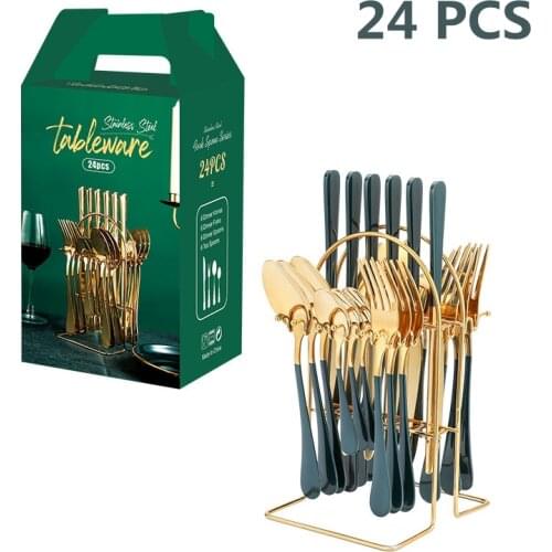 24 PCS 304 Stainless Steel Gold Silverware Set flatware Dinnerware Cutlery with Storage Hanging Rack Spoons Forks Kmives