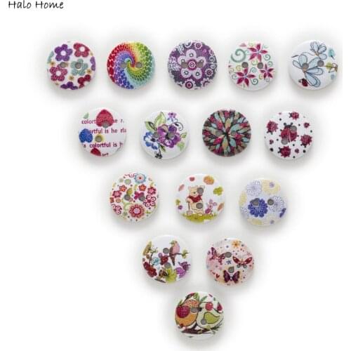 50pcs 2 Hole Flower Print Wood Buttons Sewing Scrapbooking Clothing Decor Home 18mm