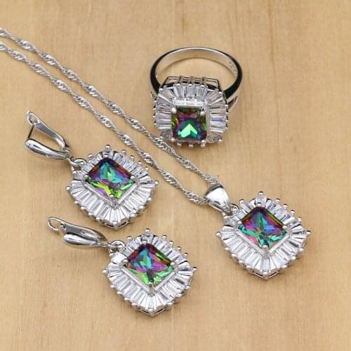 925 Sterling Silver Jewelry Mystic Rainbow Fire Zircon Jewelry Set Women Wedding Accessories Earrings/Rings/Necklace Sets