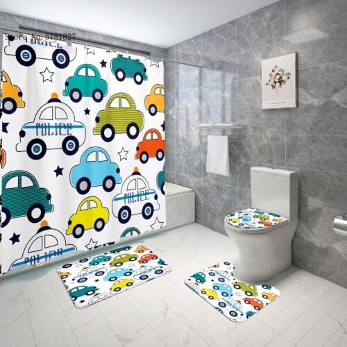 Car Sailboat Bath Curtain Truck Shower Curtains Set Cartoon Transportation Pedestal Rug Toilet Mat Set Shower Curtain Set