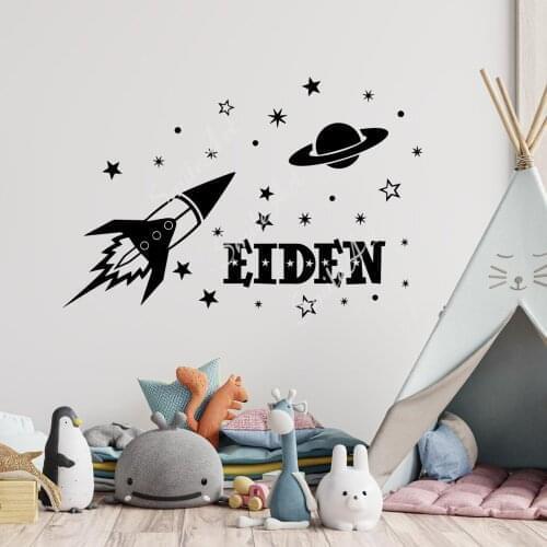 Free shipping Custom name Rocket spaceship Waterproof Wall Stickers Wall Art Decor For Kids Rooms Decoration Wall Art Decal