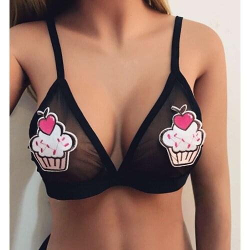 Hamburger Rainbow Ice Cream POW Embroidered Appliques Mesh Triangle Bra Female New Black Plain Cute And Sexy Lingerie
