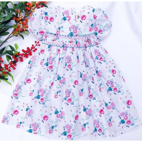Baby girl hand made smocked princess dress summer puff sleeve floral cotton for kids children dress