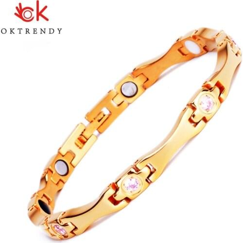 Oktrendy Gold color Stainless Steel Healthcare Magnetic Bracelet with Pink Rhinestones Friendship Bracelets for Woman