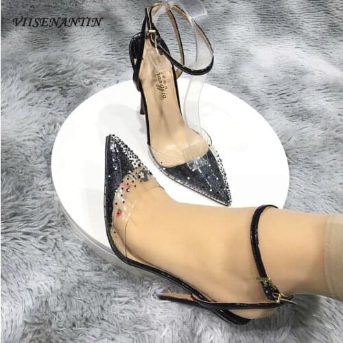 Fashion transparent buckle high-heeled sandals women summer 2021 new all-match pointed toe sexy rhinestone stiletto single shoes