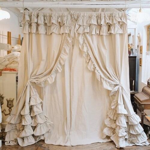 Double Layer American Country Style Solid Cotton Curtains Rural Oiginal Hemp Curtain Rod Pocket Ruffles Cake Layer Lace Cortinas