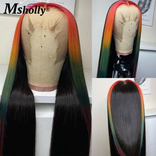 Rainbow Highlight Wig Human Hair Ombre Orange Green 13x4 Straight Lace Front Wig Brazilian Colored Human Hair Wigs For Women