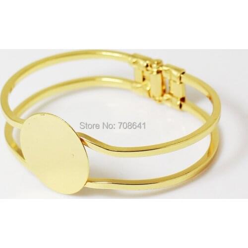 Golden tone Plated Brass Metal Blank Bangle bases Flat Circle Glue Pad Bezel Spring cuff Bracelet Bangle Settings DIY Findings