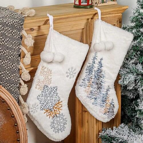 Christmas Stocking White Ball Embroidery Snowflake Tree Ornament Christmas Pendant Christmas Tree Decorations Noel Gift Socks