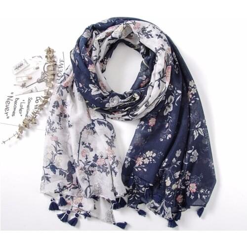 2018 Women Fashion Navy Blue Patchwork Floral Tassel Viscose Shawl Scarf Lady Wraps Warmer Pashmina Stoles Muslim Hijab Foulards