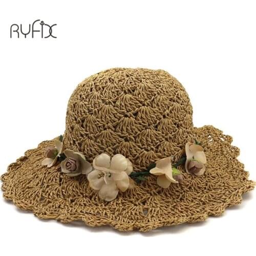 Women summer large brim foldable sun hats Elegant handmade flora crochet straw hat female beach sun protection hat HA211