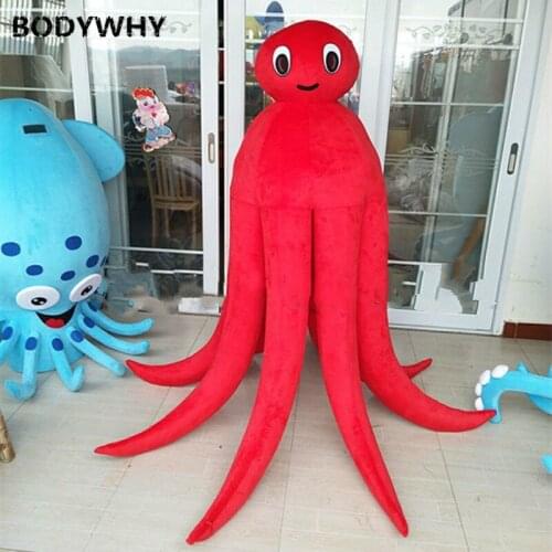 Smart Red Octopus Cuttlefish Inkfish Sepia Devilfish Octopoda Mascot Costume with Long Curve Mouth Blue Hands Christmas Outifts