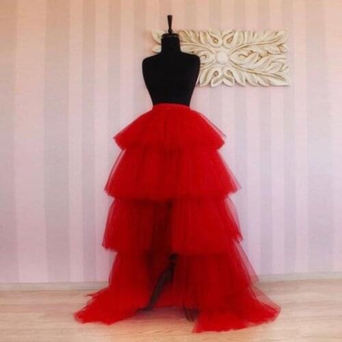 Red High Low Tulle Skirts 2020 Real Image Custom Fashion Long Tiered Prom Skirt Women Zipper Waistline Female Maxi Tulle Skirt