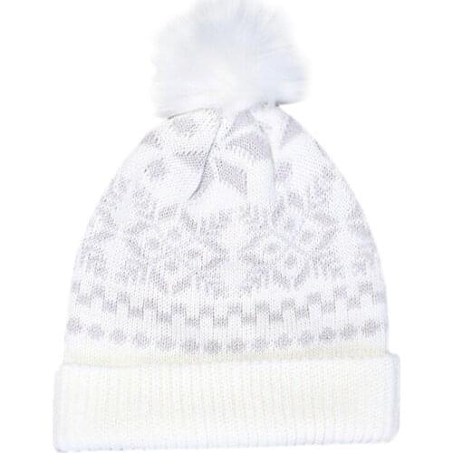 Women Christmas Snowflake Winter Knitted Beanie Hat Cute Fluffy Pompom Stretch Cuffed Skull Cap Holiday Ski Ear Warmer