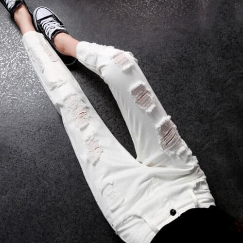 Woman Jeans Pants White Broken Holes Pants Womens Spring High Waist Pants Pantalones Vaqueros Mujer