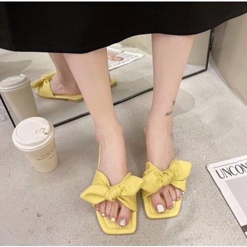 Fashion Temperament Womens Open-toed Flat Slippers Vacation Beach Sandals Casual Womens Slippers Bow Decoration Women Slides