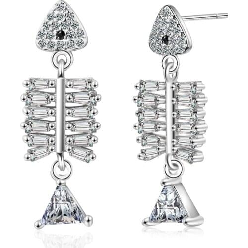 Personality Fishbone Earrings for Women Girl Party Fashion Jewelry Korean 925 sterling silver Cubic Zirconia Drop Earring Female