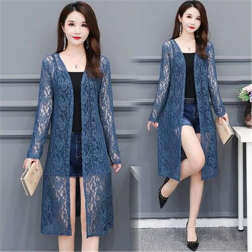 2021 Korean Floral Lace Women Sweater Cardigan Sheer Plus Size 5XL Solid Open Front Long Elegant Summer Beach Cover Up Cardigan