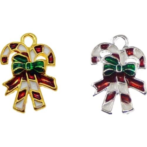 Julie Wang 10pcs Enamel Christmas Cane Charms Alloy Stick Pendant For Bracelet Making Xmas Hanging Decor Jewelry DIY Accessories