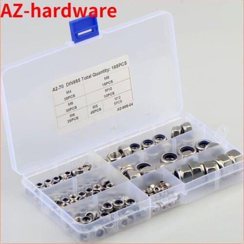 304 Stainless Steel Hex Nylon Insert Lock Nut suit M3 M4 M5 M6 M8 M10 M12 Self-locking Nylock Nut Locknut suit 165 pcs/set