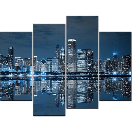 4 Panel Wall Art Painting Chicago Michigan Famous Luxury Blue Mirror Lake At Night Picture On Canvas Drop shipping