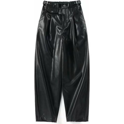 Ladies Black Loose Fake Leather Cool Pockets Trousers Streetwear 2021 New Fashion Women Elegant High Waist Pu Faux Leather Pant