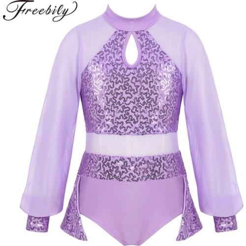 Kids Girls Split Long Sleeves Sparkly Sequins Tulle Splice Leotard Modern Contemporary Ballroom Dance Stage Performance Dress