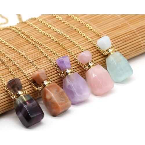 Perfume Bottle Multi-Kind Natural Stone Essential Oil Bottles White Quartz Amazonite Amethysts Women Necklace Dropshipping 60CM