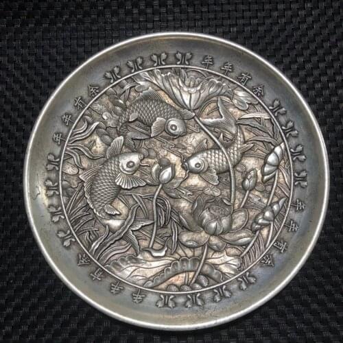 China Elaboration Old Tibet Silver Engrave Fish Propitious Dish Metal Crafts Home Decoration