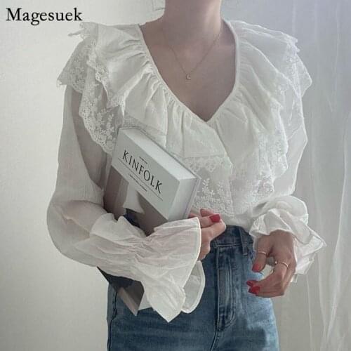Korean V-neck Lace Shirt Ruffled Women Sweet Office Lady Style Flare Sleeve Top Long Sleeve Women Tops and Blouse Female 13976