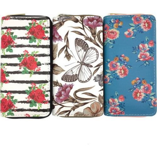 KANDRA Clutch Purse Watercolor Floral Wallet for Women Vegan Faux Leather Zipper Wallet Card Organizer Pouch Female Carteria