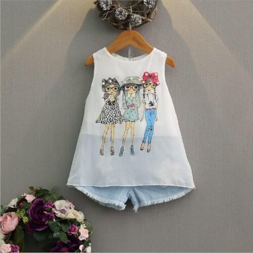 2021 Summer Suit For Children Girls Clothes Fashion Baby Chiffon Vest Top And Denim Shorts Set Toddler Kids Clothing