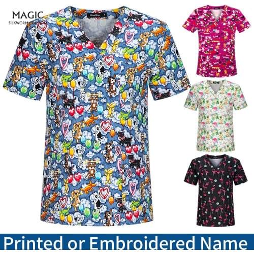 V-neck Medical Workwear Women Scrubs Nursing Top Hospital Nurse Uniform Non-sticky Hair Pet Clinic Uniform 100%cotton Scrubs Top