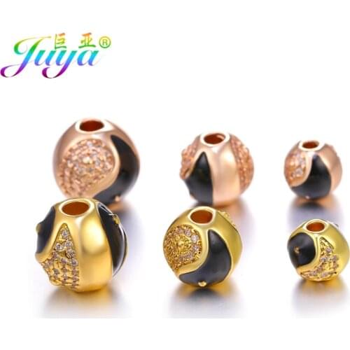 Juya 8mm/10mm/12mm Copper Metal Ball Beads Cubic Zirconia Enamel Taichi Yin Yang Charm Beads For Natural Stones Jewelry Making