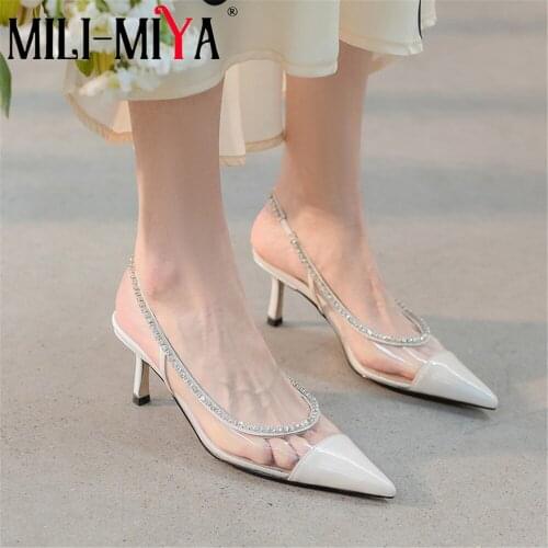 MILI-MIYA Sexy Crystal Pointed Toe Women Cow Leather Pumps Thin Heels Slip On Fashion Pvc Dress Party Shoes Plus Size 34-41